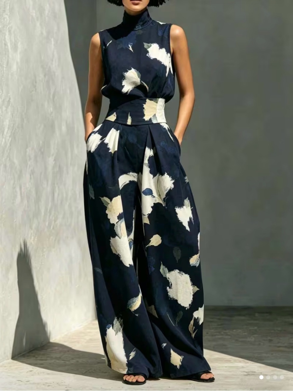 Floral Wide-Leg Jumpsuit in Navy and Cream - Picture 2 of 5
